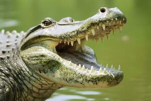 AI generated Crocodile with its mouth wide open with a green lake in the green background. AI Generated photo