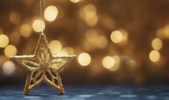 AI generated Sparkling Golden Christmas Star. Ornament Decoration Defocused Bokeh Background. AI Generated photo