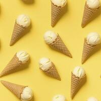 AI generated Ice Cream pattern on yellow background, top view. AI Generated photo