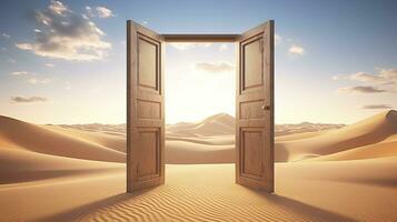 ai generado el abrió puerta en el desierto. desconocido y comienzo arriba concepto. ai generado. foto