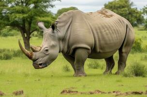 AI generated White Rhino grazing. AI Generated photo