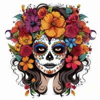 AI generated Woman sugar skull with beautiful colored flowers on white background. AI Generated photo