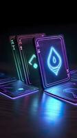 AI generated Some playing cards with glowing neon designs on a tablet. Generative AI photo