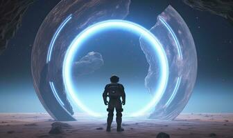 AI generated Astronaut in front of dimensional portal.  AI Generated. photo