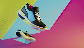 AI generated Flying trendy sneakers on creative colorful background, Stylish fashionable concept. AI Generated photo