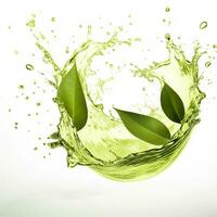 AI generated Green herbal tea wave splash with leaves flow. AI Generated photo