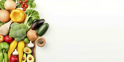 ai generado sano comida en papel bolso vegetales y frutas en blanco antecedentes. ai generado foto