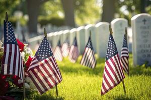 AI generated Military Headstones and Gravestones Decorated With Flags for Memorial Day.  AI Generated photo