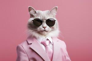 AI generated A cat is wearing sunglasses and suit on Pink Background. AI Generated photo