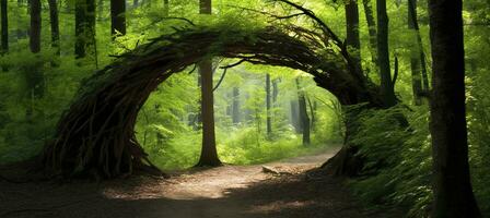 ai generado natural arco conformado por ramas en el bosque. ai generado foto