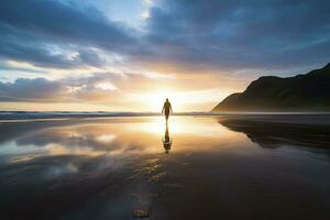 ai generado un persona caminando en el playa a puesta de sol. ai generado. foto