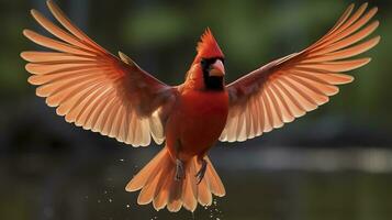 AI generated Northern Cardinal coming in for a landing. Generative AI photo