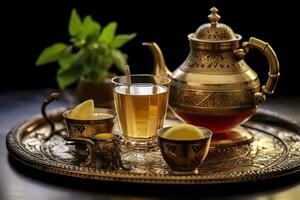 AI generated Traditional Moroccan tea set with decorative teapots, glasses, and mint leaves. Generative AI photo