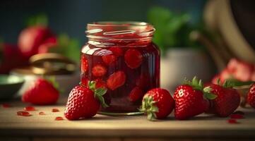 AI generated Strawberry jam and fresh berries. Generative AI photo