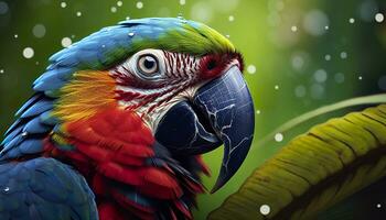 AI generated Tropical macaw perched, vibrant feathers in focus. Generative AI photo