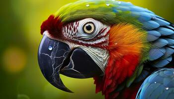 ai generado tropical guacamayo encaramado, vibrante plumas en enfocar. generativo ai foto