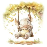 AI generated Cute happy baby rhino on swings in the tree in watercolor style. AI Generated photo