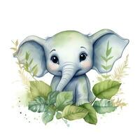 AI generated Happy cute baby elephant in green leaves in the watercolor style. AI Generated photo