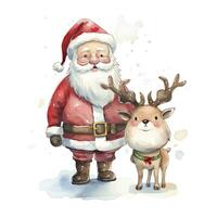 AI generated Cute Santa Claus standing with reindeer. AI Generated photo