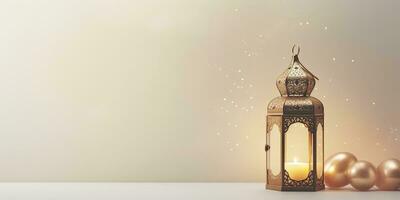 ai generado celebracion de islámico eid Mubarak y eid Alabama adha linterna en un ligero antecedentes. ai generado foto
