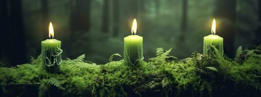 AI generated Burning candles on moss, dark green blurred the natural background. Magic candle. Generative AI photo