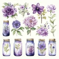 AI generated Collection of watercolor mason jars with purple flowers clipart. AI Generated photo