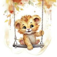 AI generated Cute happy baby lion on swings attached to the tree in watercolor style. AI Generated photo