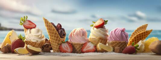 AI generated Banner with ice cream in a waffle cone on a summer day. Generative AI photo