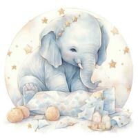 AI generated An elephant on a bed with stars and blankets around the circle. AI Generated photo