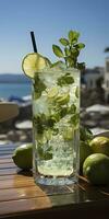 AI generated Stunning photo of cocktail mojito, a sunny summer beach in the background. Generative AI