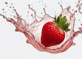 AI generated milk or yogurt splash with strawberries isolated on white background, 3d rendering. AI Generated photo