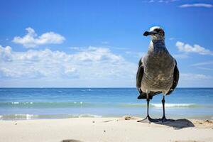 ai generado Gaviota en el playa debajo azul cielo. foto