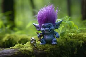 AI generated Tale troll with crystals in the forest, natural green background. Generative AI photo