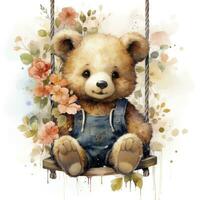 AI generated A cute happy teddy bear swings on a tree on a white background. AI Generated photo