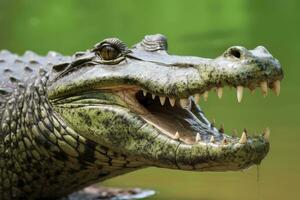 AI generated Crocodile with its mouth wide open with a green lake in the green background. AI Generated photo