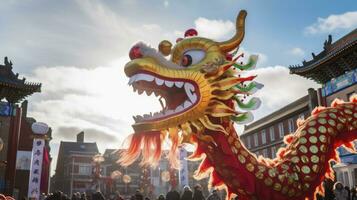 AI generated Chinese Dragon under a bright sky. AI Generated photo