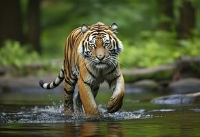 AI generated Amur tiger walking in the water. Dangerous animal.  Animal in a green forest stream. Generative AI photo