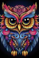 AI generated Multicolored mandala owl coloring page for adults. AI Generated photo