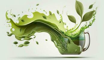 AI generated Green herbal tea wave splash with leaves flow. AI Generated photo