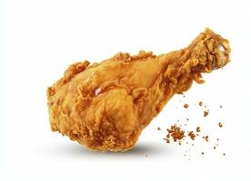 AI generated Fried chicken leg falling in the air isolated on a white background. AI Generated. photo