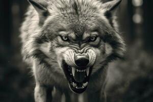 AI generated Greyscale closeup shot of an angry wolf with a blurred background. AI Generated photo