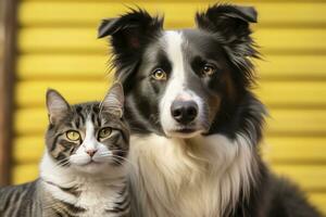 AI generated Cat and dog together with happy expressions. AI Generated photo