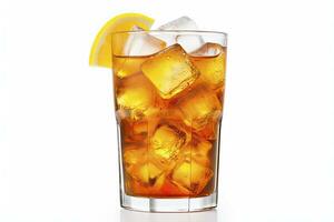 AI generated A glass of orange soda water with ice cubes on white background. AI Generated photo