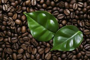 AI generated Green leaves with coffee beans as background. AI Generated photo