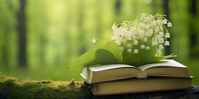 AI generated Lily of the Valley flowers and old books in the forest, green natural background. AI Generated photo