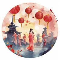 AI generated Lantern Festival in watercolor style. T-shirt Design. AI Generated photo