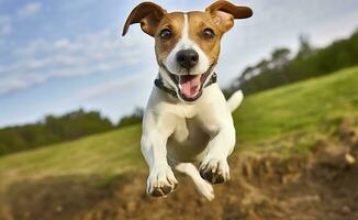 AI generated Jack Russel Parson Dog Run Toward The Camera Low Angle High Speed Shot. AI Generated photo