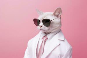 ai generado un gato es vistiendo Gafas de sol y traje en rosado antecedentes. ai generado foto