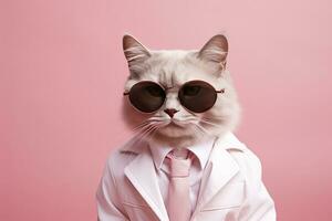 AI generated A cat is wearing sunglasses and suit on Pink Background. AI Generated photo