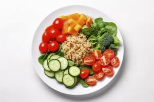 ai generado ensalada con quinua, espinaca, brócoli, Tomates, pepinos y zanahorias. ai generado foto